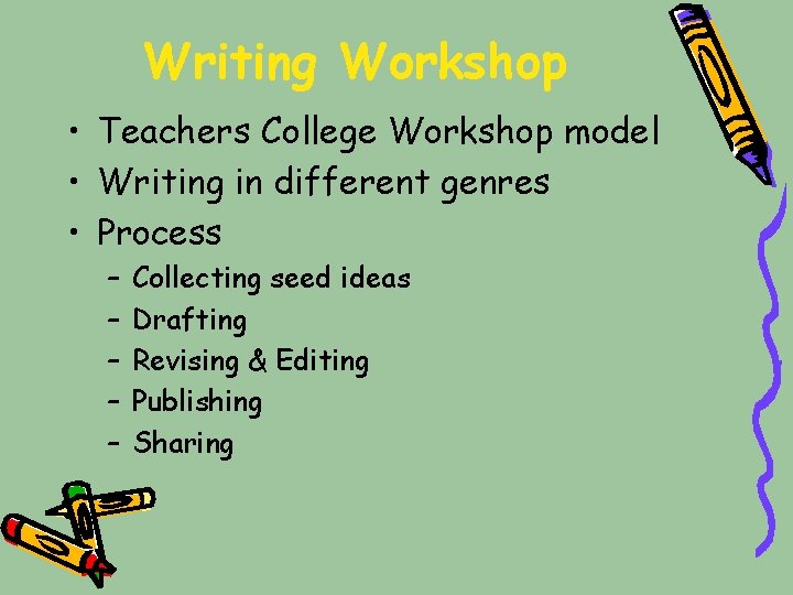 Writing Workshop • Teachers College Workshop model • Writing in different genres • Process