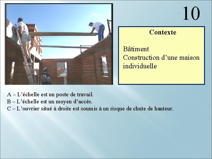 10 Contexte Bâtiment Construction d’une maison individuelle A – L’échelle est un poste de