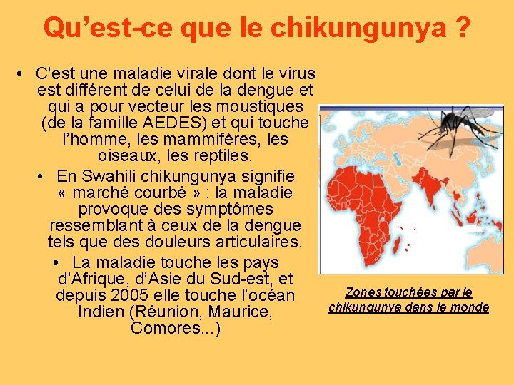 Qu’est-ce que le chikungunya ? • C’est une maladie virale dont le virus est