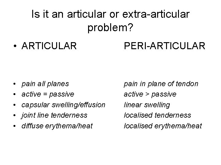 Is it an articular or extra-articular problem? • ARTICULAR PERI-ARTICULAR • • • pain