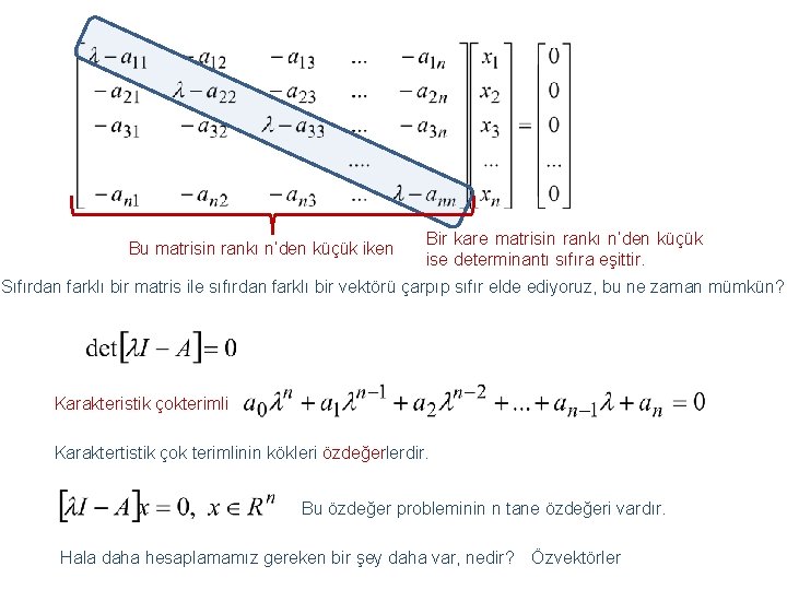 Bu matrisin rankı n’den küçük iken Bir kare matrisin rankı n’den küçük ise determinantı