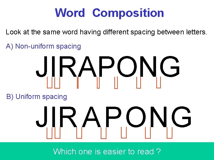 Word Composition Look at the same word having different spacing between letters. A) Non-uniform