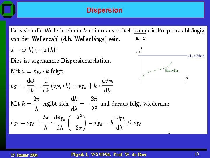 Dispersion 15 Januar 2004 Physik I, WS 03/04, Prof. W. de Boer 10 