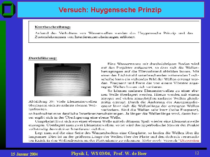 Versuch: Huygenssche Prinzip 15 Januar 2004 Physik I, WS 03/04, Prof. W. de Boer