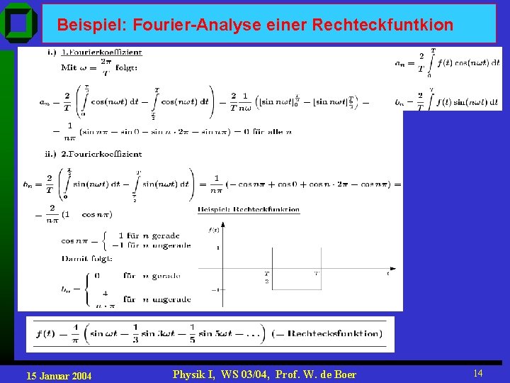 Beispiel: Fourier-Analyse einer Rechteckfuntkion 15 Januar 2004 Physik I, WS 03/04, Prof. W. de