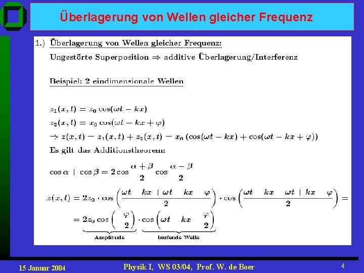 Überlagerung von Wellen gleicher Frequenz 15 Januar 2004 Physik I, WS 03/04, Prof. W.