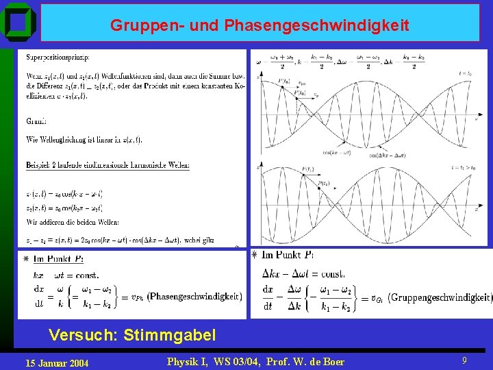 Gruppen- und Phasengeschwindigkeit Versuch: Stimmgabel 15 Januar 2004 Physik I, WS 03/04, Prof. W.