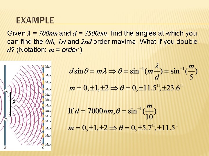 EXAMPLE Given λ = 700 nm and d = 3500 nm, find the angles