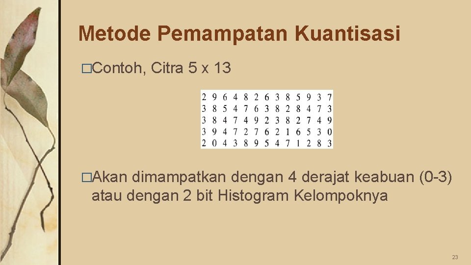 Metode Pemampatan Kuantisasi �Contoh, Citra 5 x 13 �Akan dimampatkan dengan 4 derajat keabuan