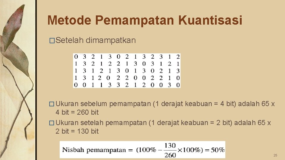 Metode Pemampatan Kuantisasi �Setelah dimampatkan � Ukuran sebelum pemampatan (1 derajat keabuan = 4