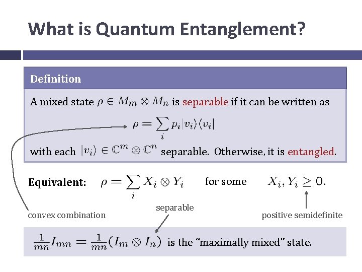 What is Quantum Entanglement? Definition A mixed state with each is separable if it