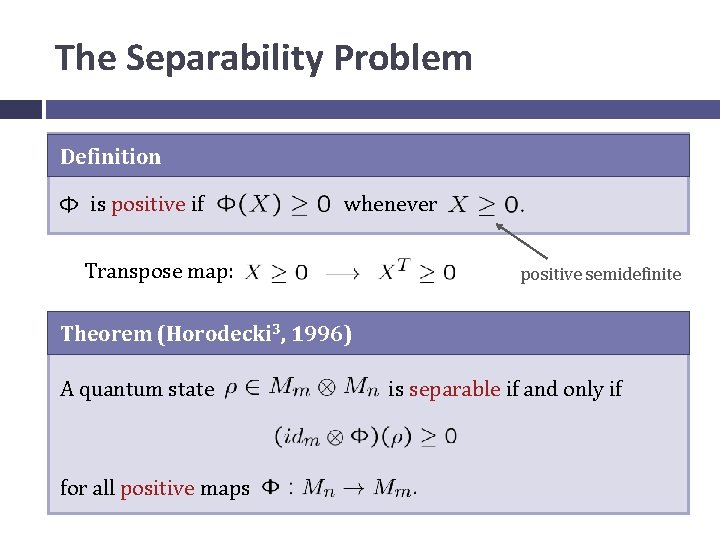 The Separability Problem Definition is positive if whenever Transpose map: positive semidefinite Theorem (Horodecki