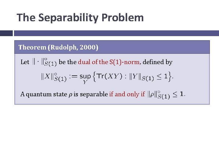 The Separability Problem Theorem (Rudolph, 2000) Let be the dual of the S(1)-norm, defined