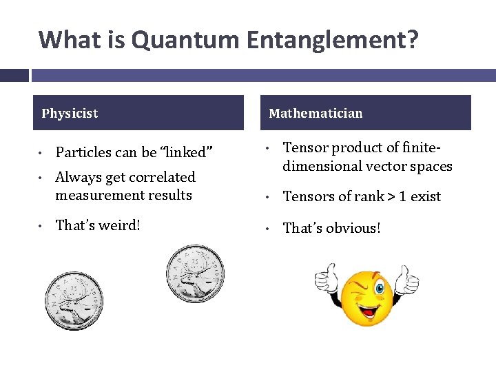 What is Quantum Entanglement? Physicist Mathematician • Particles can be “linked” • • Always