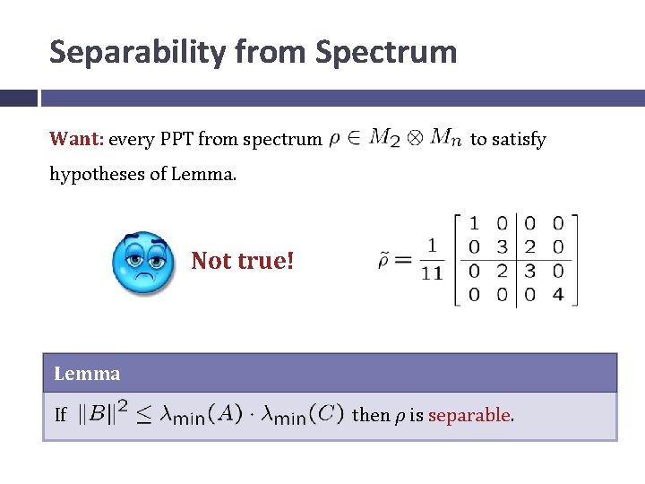 Separability from Spectrum Want: every PPT from spectrum to satisfy hypotheses of Lemma. Not