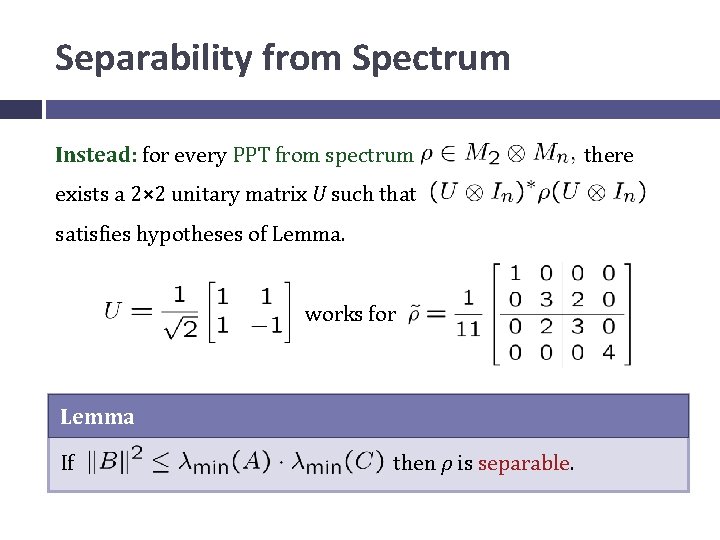 Separability from Spectrum Instead: for every PPT from spectrum exists a 2× 2 unitary