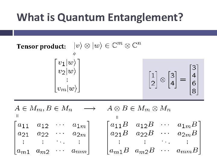 What is Quantum Entanglement? Tensor product: = = = 