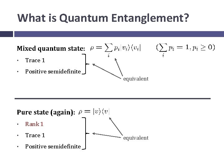 What is Quantum Entanglement? Mixed quantum state: • Trace 1 • Positive semidefinite equivalent