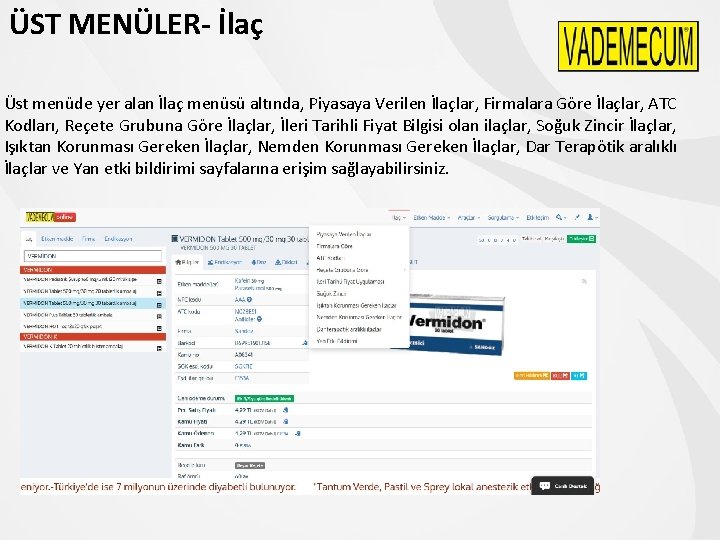 ÜST MENÜLER- İlaç Üst menüde yer alan İlaç menüsü altında, Piyasaya Verilen İlaçlar, Firmalara