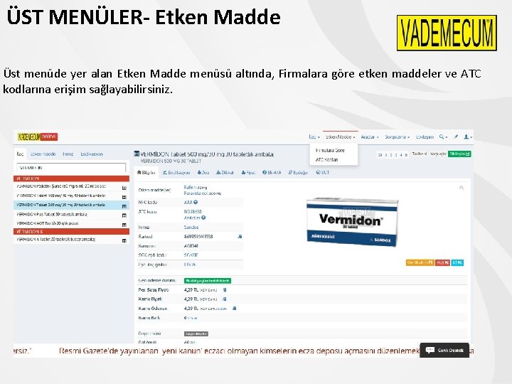 ÜST MENÜLER- Etken Madde Üst menüde yer alan Etken Madde menüsü altında, Firmalara göre