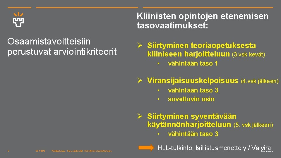 Kliinisten opintojen etenemisen tasovaatimukset: Osaamistavoitteisiin perustuvat arviointikriteerit Ø Siirtyminen teoriaopetuksesta kliiniseen harjoitteluun (3. vsk