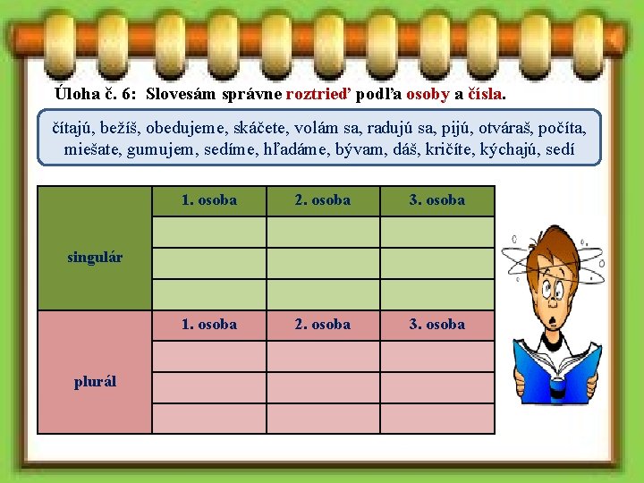 Úloha č. 6: Slovesám správne roztrieď podľa osoby a čísla. čítajú, bežíš, obedujeme, skáčete,