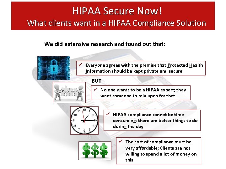 HIPAA Secure Now! What clients want in a HIPAA Compliance Solution We did extensive