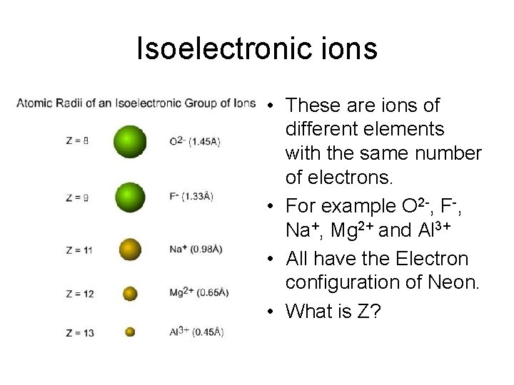 Isoelectronic ions • These are ions of different elements with the same number of