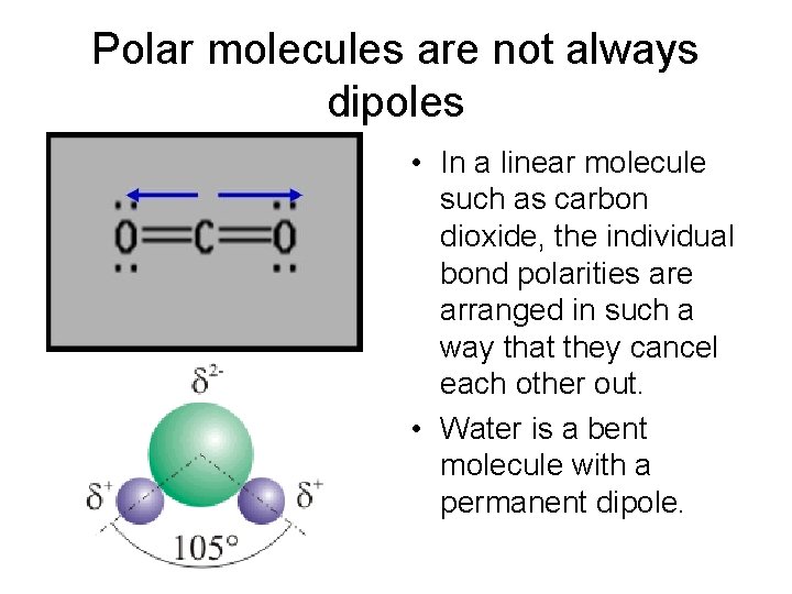 Polar molecules are not always dipoles • In a linear molecule such as carbon