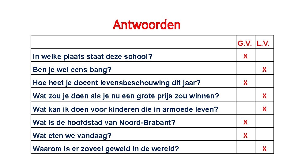 Antwoorden In welke plaats staat deze school? G. V. L. V. X X Ben