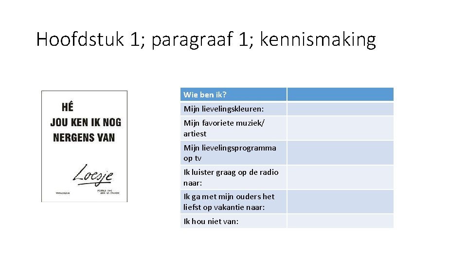 Hoofdstuk 1; paragraaf 1; kennismaking Wie ben ik? Mijn lievelingskleuren: Mijn favoriete muziek/ artiest