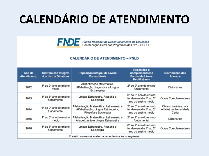 CALENDÁRIO DE ATENDIMENTO 