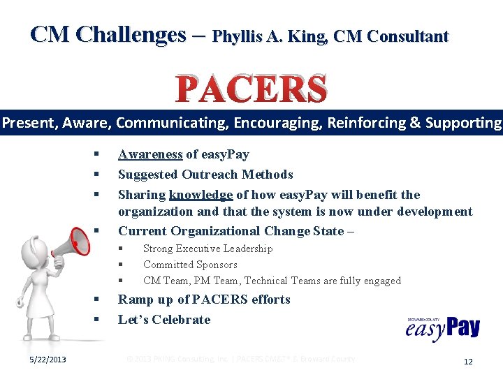 CM Challenges – Phyllis A. King, CM Consultant PACERS Present, Aware, Communicating, Encouraging, Reinforcing