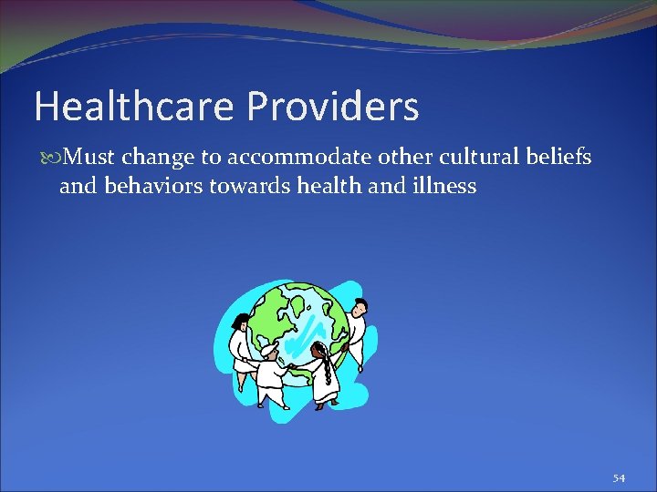 Healthcare Providers Must change to accommodate other cultural beliefs and behaviors towards health and