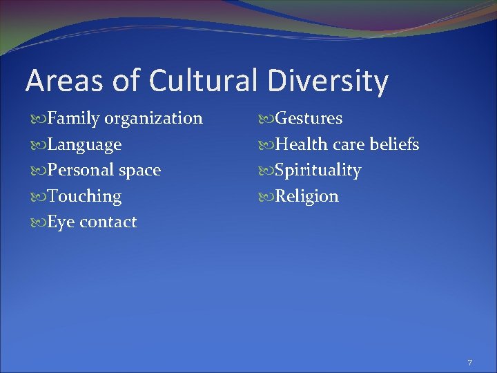 Areas of Cultural Diversity Family organization Language Personal space Touching Eye contact Gestures Health