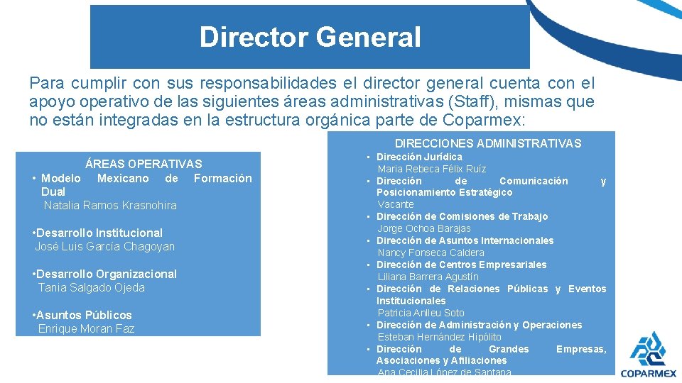 Director General Para cumplir con sus responsabilidades el director general cuenta con el apoyo