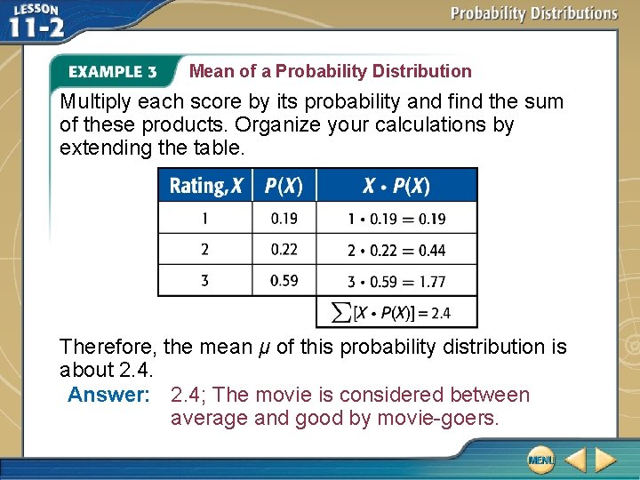 Mean of a Probability Distribution Multiply each score by its probability and find the Mean of a Probability Distribution Multiply each score by its probability and find the