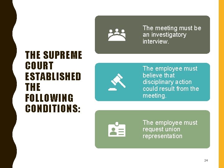 The meeting must be an investigatory interview. THE SUPREME COURT ESTABLISHED THE FOLLOWING CONDITIONS: