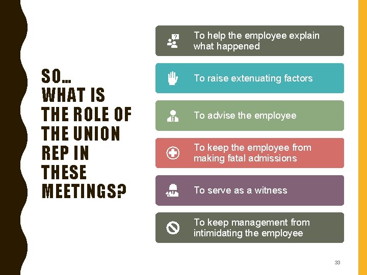To help the employee explain what happened SO… WHAT IS THE ROLE OF THE