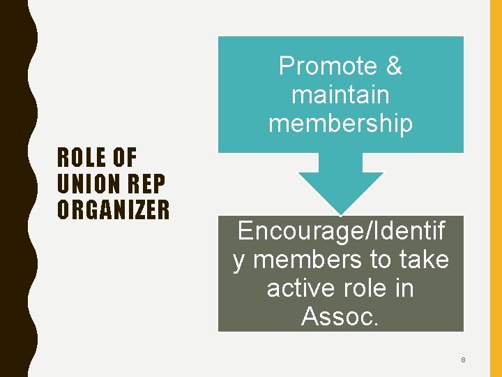 Promote & maintain membership ROLE OF UNION REP ORGANIZER Encourage/Identif y members to take