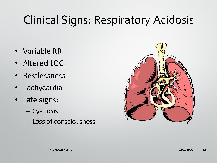 Clinical Signs: Respiratory Acidosis • • • Variable RR Altered LOC Restlessness Tachycardia Late