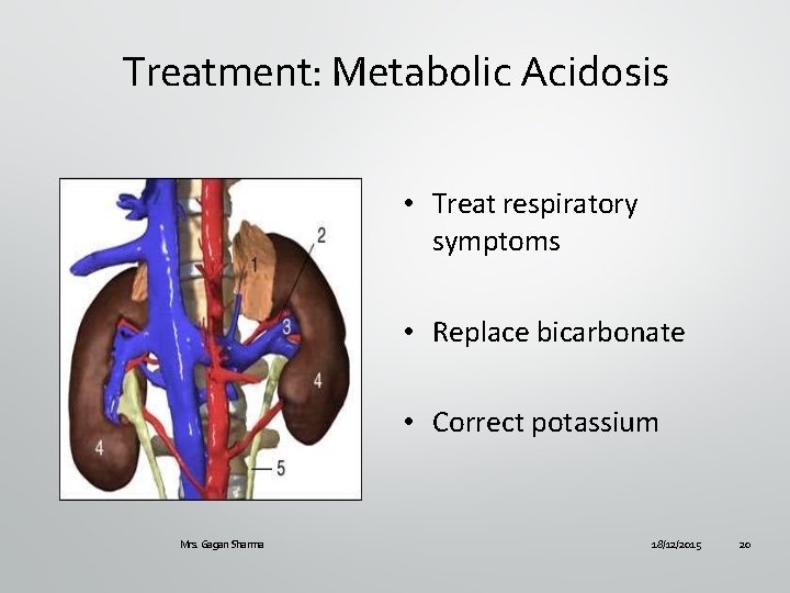 Treatment: Metabolic Acidosis • Treat respiratory symptoms • Replace bicarbonate • Correct potassium Mrs.