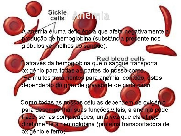 Anemia A anemia é uma deficiência que afeta negativamente a produção de hemoglobina (substância