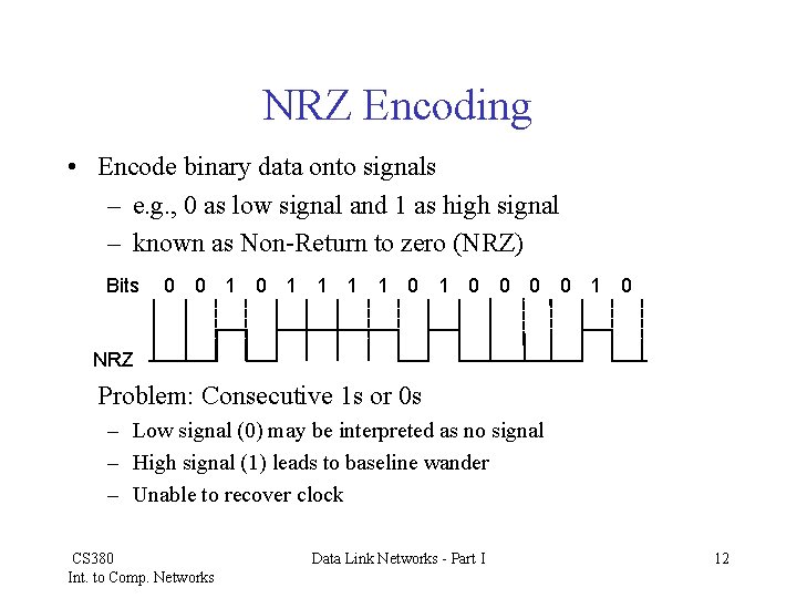 NRZ Encoding • Encode binary data onto signals – e. g. , 0 as