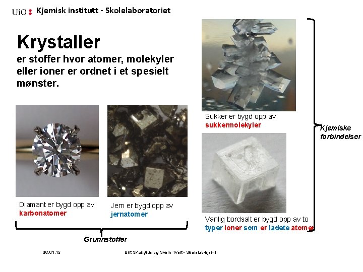 Kjemisk institutt - Skolelaboratoriet Krystaller er stoffer hvor atomer, molekyler eller ioner er ordnet