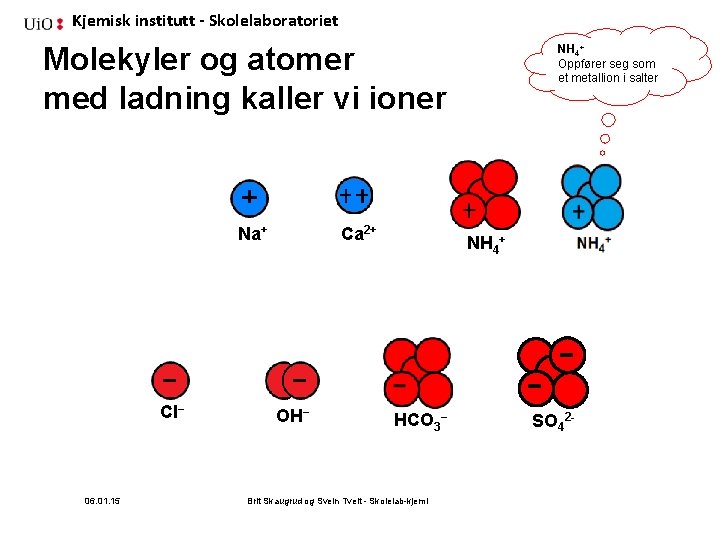 Kjemisk institutt - Skolelaboratoriet Molekyler og atomer med ladning kaller vi ioner Na+ Cl−