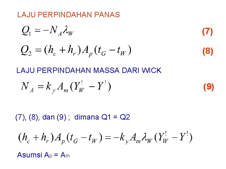 LAJU PERPINDAHAN PANAS (7) (8) LAJU PERPINDAHAN MASSA DARI WICK (9) (7), (8), dan