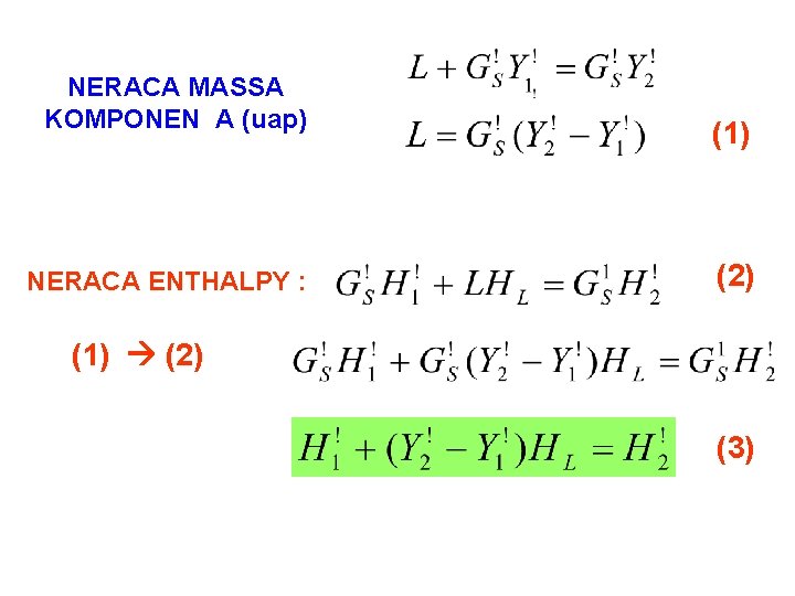 NERACA MASSA KOMPONEN A (uap) NERACA ENTHALPY : (1) (2) (1) (2) (3) 