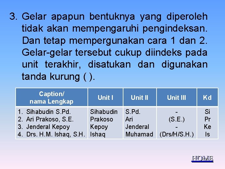 3. Gelar apapun bentuknya yang diperoleh tidak akan mempengaruhi pengindeksan. Dan tetap mempergunakan cara