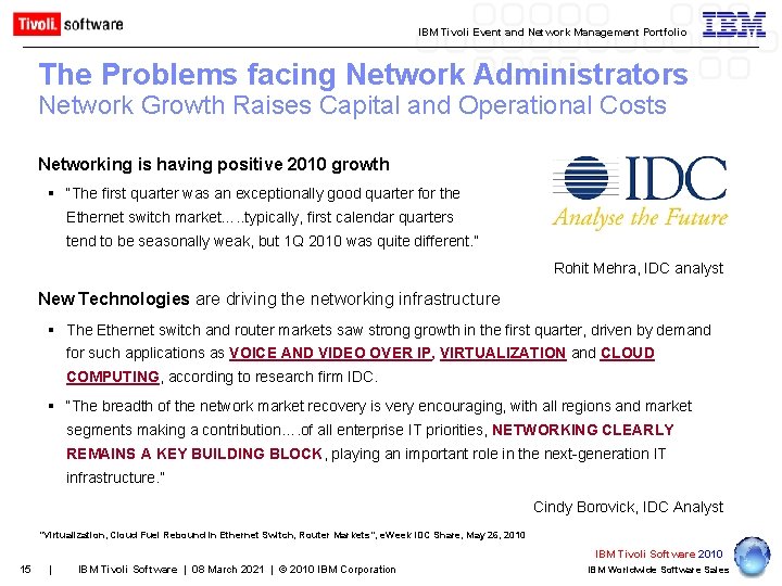 IBM Tivoli Event and Network Management Portfolio The Problems facing Network Administrators Network Growth